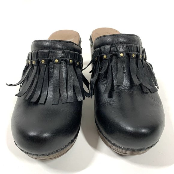 Dansko Deni Black Leather Fringe Heel Clog Mules Sz EU 37 US 6.5-7 - Picture 4 of 10